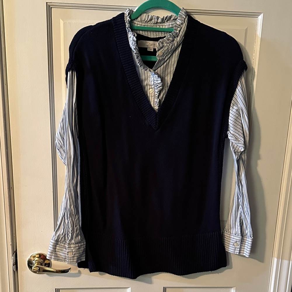 LOFT Women’s Dark Blue V-Neck Sweater Striped Attached Shirt.